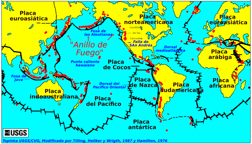 Placas tectonicas,  volcanes activos y anillo de fuego
