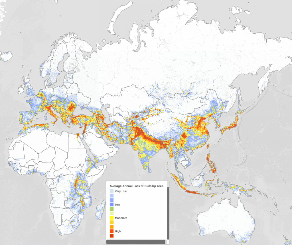 Áreas con mayor pérdida de área con construcciones debido a terremotos en Asia, Africa, Europa y Oceania 